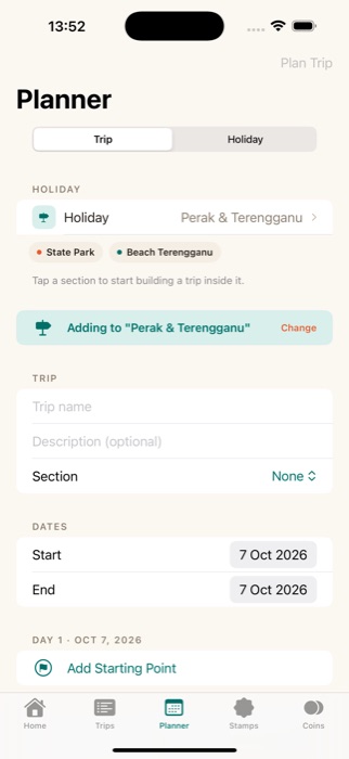 Planning a trip inside a Holiday, with sections for each leg