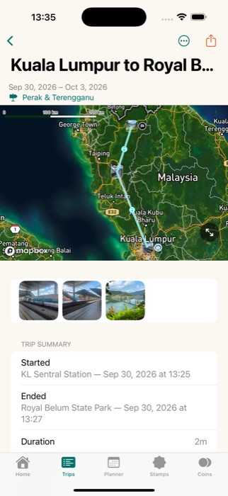 A trip route drawn across Malaysia, from Kuala Lumpur to Royal Belum State Park