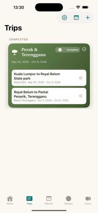 A completed Holiday with both its trips shown in Trip management